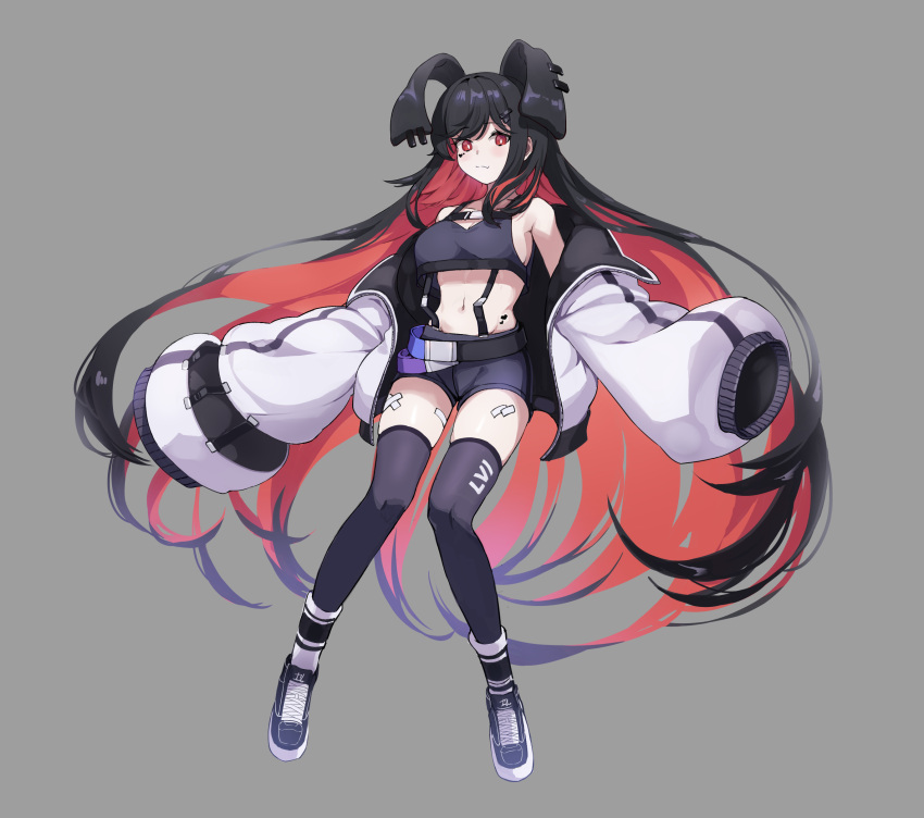 1girl absurdly_long_hair absurdres animal_ears bandages bare_shoulders belt black_hair black_legwear black_shirt black_shorts breasts colored_inner_hair commission crop_top crop_top_overhang earrings extra_ears fang full_body grey_background heart heart_tattoo highres jacket jewelry large_breasts long_hair long_sleeves looking_at_viewer midriff multicolored_hair navel off_shoulder open_clothes open_jacket original puffy_sleeves red_eyes redhead revealing_clothes shirt shoes short_shorts shorts simple_background sleeveless sleeveless_shirt sleeves_past_fingers sleeves_past_wrists solo stomach suspenders tattoo thigh-highs thighs two-tone_hair very_long_hair white_jacket yogurt_dahi