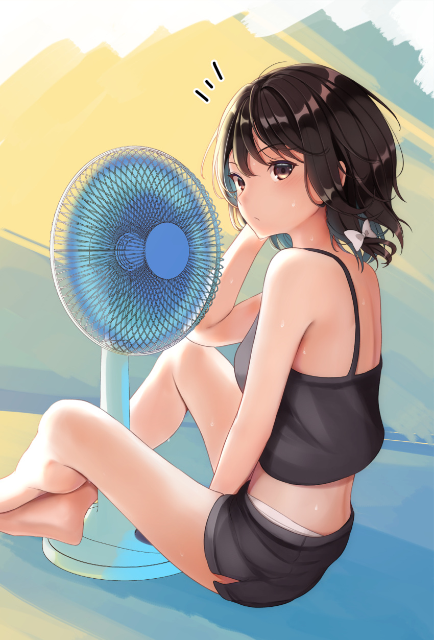 1girl brown_eyes brown_hair dripping electric_fan fan hot looking_at_viewer ribbon short_hair short_shorts simple_background sitting sweat