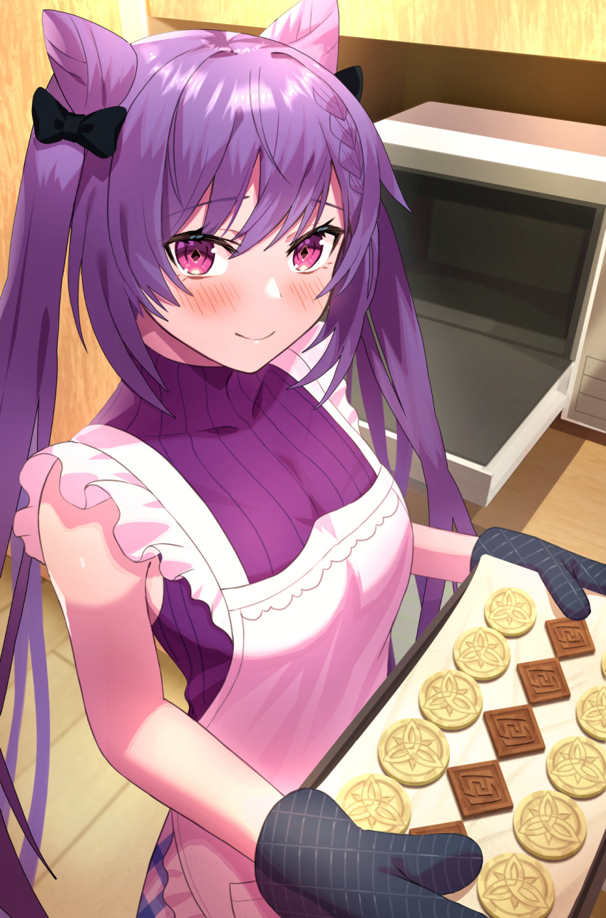 1girl apron baking bare_arms bare_shoulders beppu_mitsunaka blush bow braid chocolate double_bun food genshin_impact hair_bow hair_bun highres holding holding_tray keqing_(genshin_impact) kitchen looking_at_viewer microwave mittens oven_mitts purple_hair purple_sweater sleeveless smile sweater tray turtleneck twintails violet_eyes