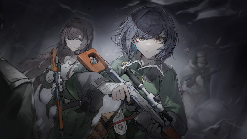 1other 3girls absurdres black_choker black_hair blue_eyes brown_cloak brown_eyes brown_hair chinese_commentary choker cloak closed_mouth commentary_request epaulettes frown green_jacket green_pants grey_background gun highres holding holding_gun holding_weapon jacket long_hair long_sleeves looking_at_viewer mole mole_under_eye multiple_girls off_shoulder original pants qingfeng_canying red_pupils rifle short_hair shoulder_strap sniper_rifle tank_top weapon white_tank_top wrist_wrap