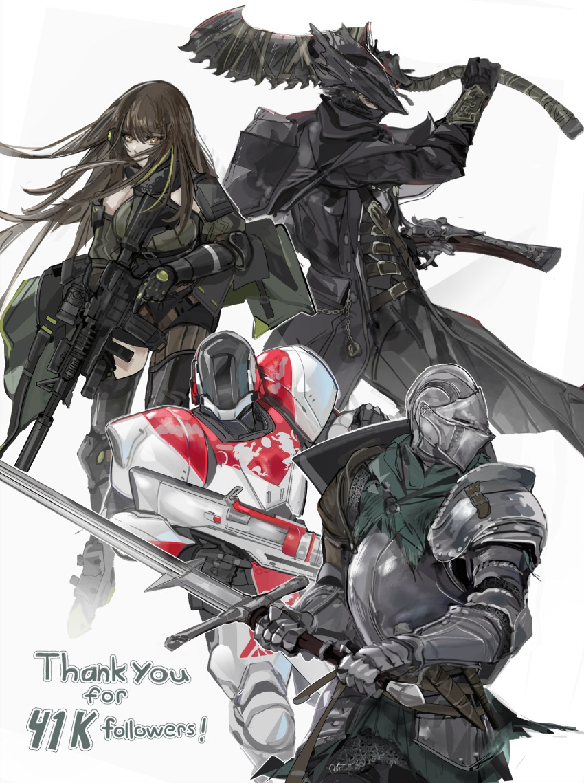 1girl 3others ambiguous_gender antique_firearm armor assault_rifle bloodborne capelet character_request chosen_undead cloak coat copyright_request crossover dark_souls_(series) dark_souls_i dual_wielding fingerless_gloves firelock flashlight flintlock from_software girls_frontline gloves grip gun hat highres holding holding_gun holding_sword holding_weapon hunter_(bloodborne) knight m4_carbine m4a1_(girls'_frontline) mask mod3_(girls'_frontline) mouth_mask multiple_others nslacka rifle saw_cleaver scope suppressor sword tactical_clothes tricorne trigger_discipline two-handed_sword weapon