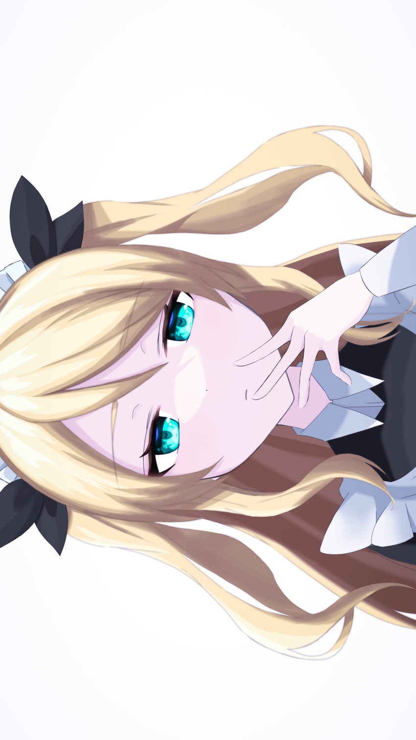 1girl absurdres apron black_bow blonde_hair blue_eyes bow chin_stroking disdain dress eyebrows_visible_through_hair frilled_dress frills hair_bow hand_on_own_chin highres kanelashi maid maid-chan_(wactor) maid_apron maid_headdress portrait sideways simple_background thinking two_side_up wactor_production white_apron white_background