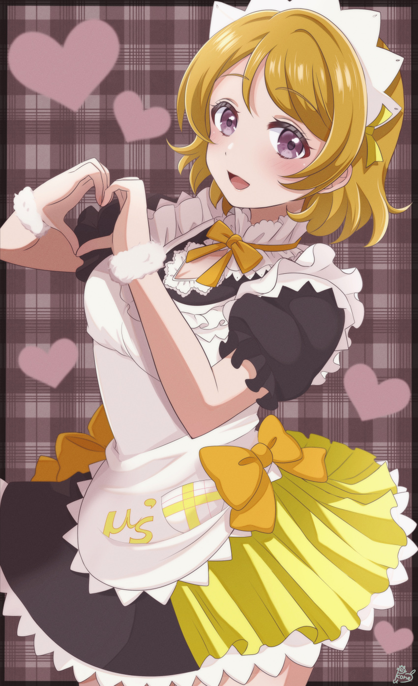 1girl absurdres apron bangs birthday blonde_hair blush commentary_request eyebrows_visible_through_hair heart highres koizumi_hanayo looking_at_viewer love_live! love_live!_school_idol_project maid maid_apron maid_headdress mogyutto_"love"_de_sekkin_chuu! pukonuu shiny shiny_hair short_hair signature solo violet_eyes