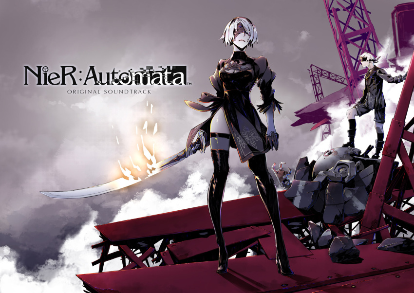 1boy 1girl black_blindfold black_dress black_legwear bleemjay blindfold boots breasts clouds crane_(machine) dress gloves highres holding holding_sword holding_weapon long_sleeves looking_at_another nier_(series) nier_automata ruins shadow short_hair shorts socks sword thigh-highs weapon white_hair yorha_no._2_type_b yorha_no._9_type_s