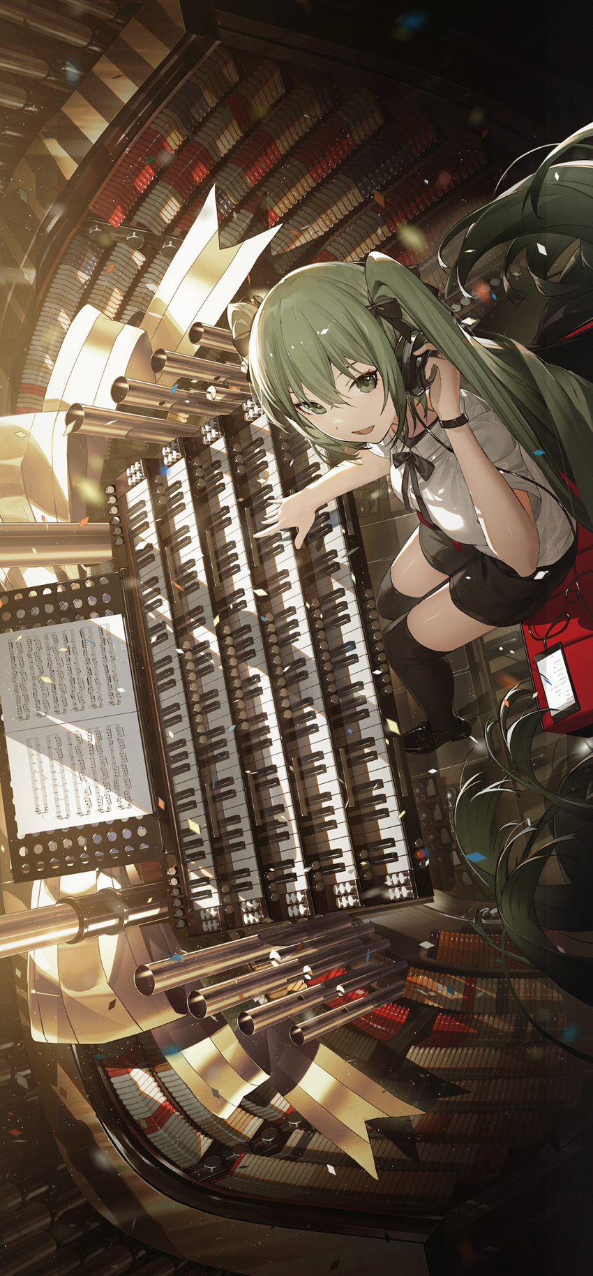1girl :d black_footwear black_ribbon black_thighhighs green_eyes green_hair hair_ribbon hatsune_miku highres instrument kieed looking_at_viewer music organ_(instrument) playing_instrument ribbon sheet_music sitting smile tagme thigh-highs twintails vocaloid