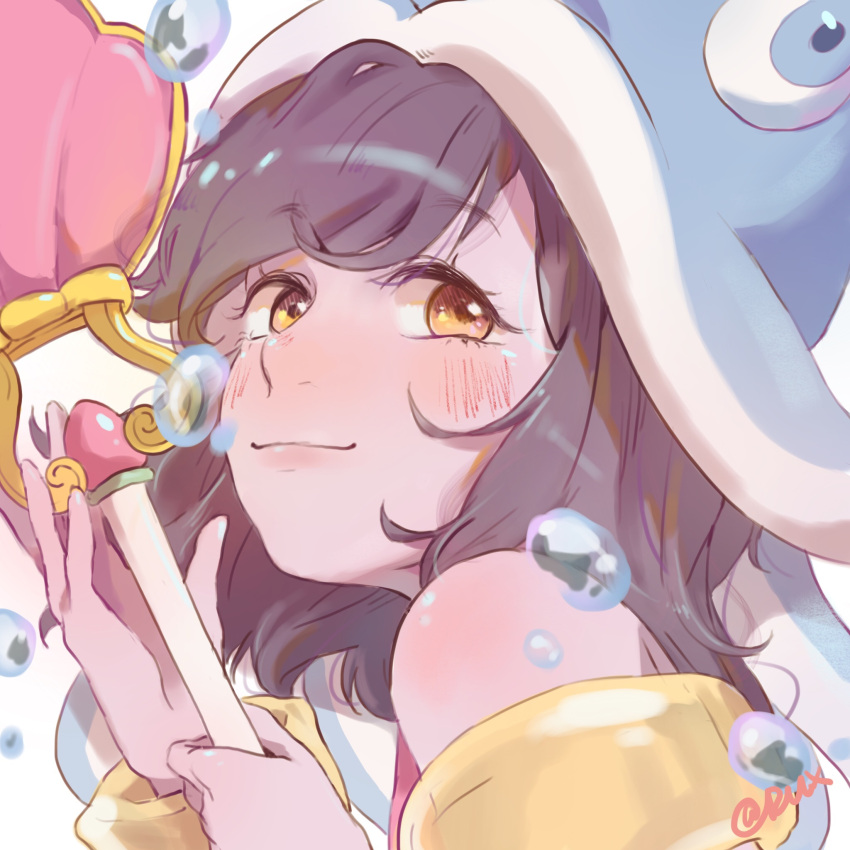 1girl bangs bare_shoulders black_hair blush eyebrows_visible_through_hair fish_hat hands_up highres holding holding_staff league_of_legends long_hair lulu_(league_of_legends) orange_eyes pool_party_lulu ruan_chen_yue signature smile solo staff