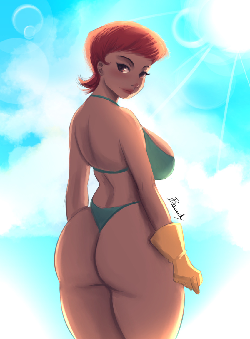 1girl ass bawdy_art bikini blue_sky breasts brown_eyes clouds cowboy_shot curvy dexter's_laboratory from_behind gloves green_bikini highres large_breasts lens_flare lips looking_at_viewer looking_back mature_female medium_hair mom_(dexter's_laboratory) orange_hair plump rubber_gloves signature sky solo sun swimsuit thick_thighs thighs toon_(style) yellow_gloves
