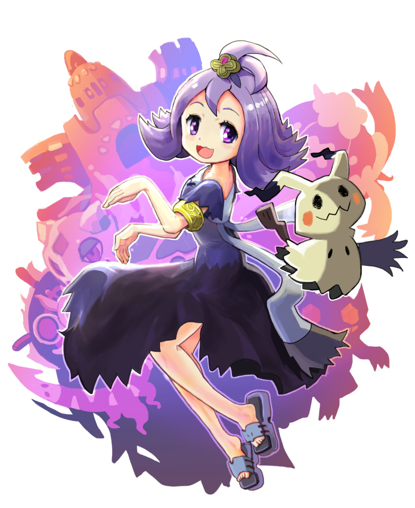 1girl :3 acerola_(pokemon) antenna_hair armlet bangs blue_footwear blush blush_stickers commentary dhelmise dress drifblim flat_chest froslass full_body hair_ornament hands_up happy highres light_blush looking_back looking_to_the_side menome mimikyu open_mouth outline palossand pokemon pokemon_(creature) pokemon_(game) pokemon_sm purple_dress purple_hair sableye sandals shiny shiny_hair short_hair short_sleeves smile solo_focus violet_eyes white_background white_outline