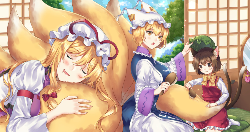 3girls :o animal_ear_fluff animal_ears armband blonde_hair blue_sky blush bobby_socks bow bowtie brown_eyes brown_hair cat_ears cat_tail chen closed_eyes clouds commentary_request day dress drooling earrings fox_tail hair_brush hand_on_another's_hat hat hat_ribbon highres holding holding_brush indoors jewelry kirisita long_hair long_sleeves looking_at_another looking_down mob_cap multiple_girls multiple_tails open_door open_mouth pillow_hat red_skirt red_vest removing_hat ribbon shirt short_hair shouji single_earring skirt sky sliding_doors socks tabard tail tail_brushing tail_hug tatami touhou tree very_long_hair vest white_dress white_headwear white_legwear white_shirt yakumo_ran yakumo_yukari yellow_bow yellow_bowtie yellow_eyes yellow_tail