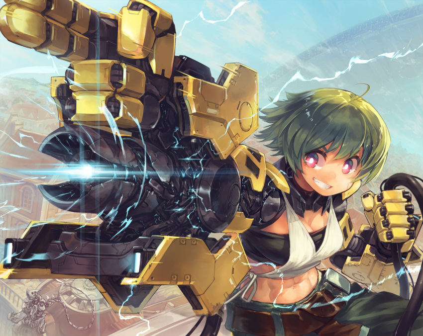 1girl abs ahoge arm_cannon belt breasts bright_pupils cable cityscape commentary_request finger_gun go-malniju green_hair grin highres medium_breasts navel original prosthesis prosthetic_arm red_eyes short_hair smile strapless tube_top very_short_hair weapon white_pupils
