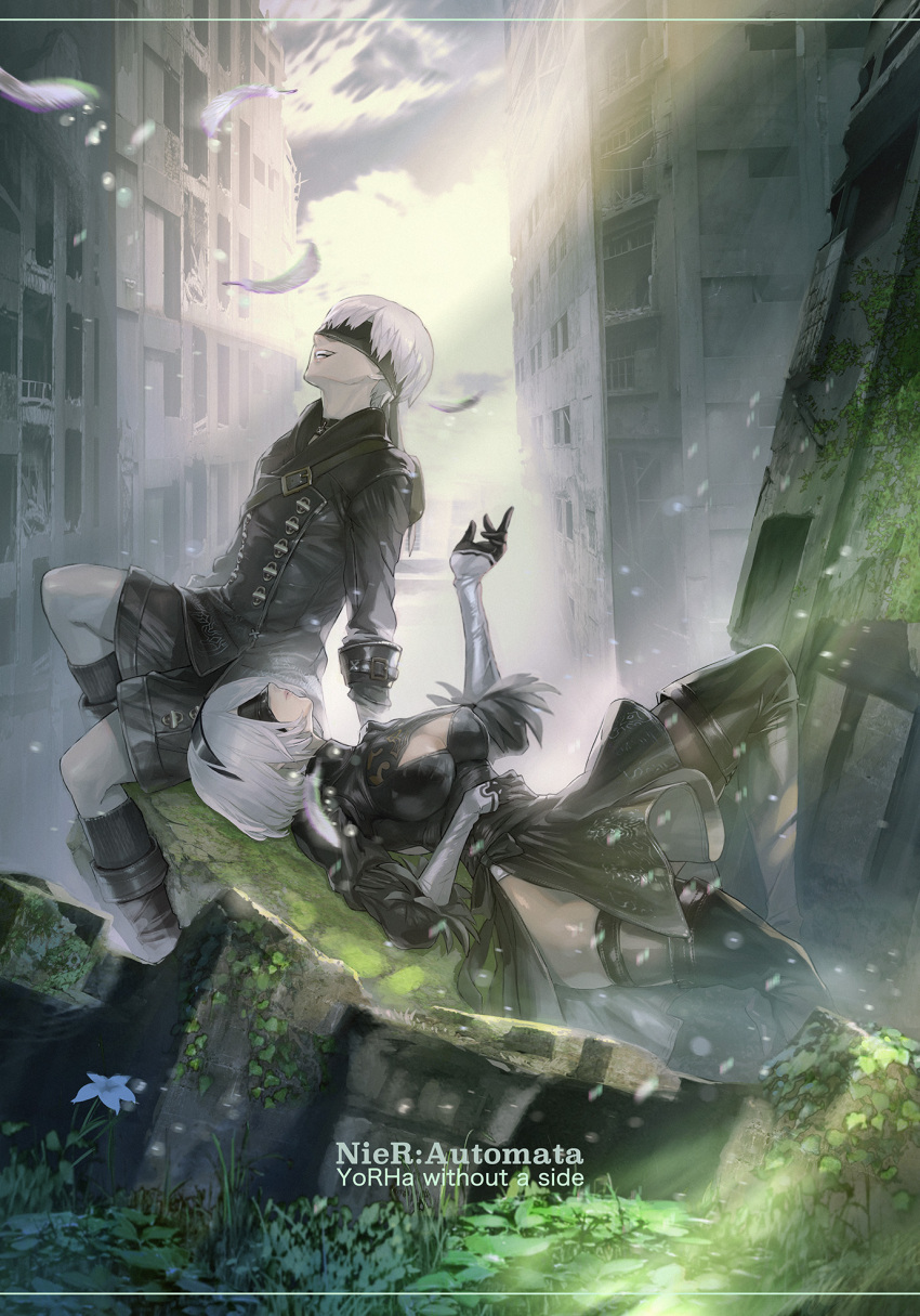 1boy 1girl black_blindfold black_footwear black_gloves black_hairband black_legwear black_shorts blindfold building closed_mouth clouds cloudy_sky feather_trim feathers flower gloves hairband highres light_particles light_rays looking_up lying maeshima_shigeki moss multicolored_clothes nier_(series) nier_automata on_back open_mouth outdoors plant ruins short_hair shorts sitting sky smile socks teeth thigh-highs white_flower white_gloves white_hair yorha_no._2_type_b yorha_no._9_type_s