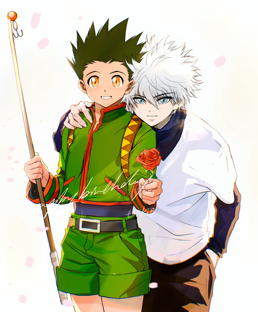 2boys absurdres child commentary english_commentary fishing_rod flower gon_freecss green_hair hand_in_pocket hand_on_another's_shoulder highres hunter_x_hunter k.g_(matsumoto_zo) killua_zoldyck multiple_boys rose shorts teeth
