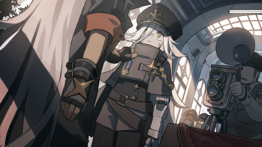 2girls alchemy_stars arms_at_sides bangs belt black_coat camera ceiling_light closed_mouth coat commentary_request fingerless_gloves gloves grey_hair hand_on_another's_shoulder hat highres indoors korean_commentary long_hair mechanical_arms medal multiple_girls pale_skin peaked_cap people pipes prosthesis prosthetic_arm reinhardt_(alchemy_stars) revy_(alchemy_stars) single_mechanical_arm standing table tripod twin-lens_reflex_camera uniform whitebear yellow_eyes