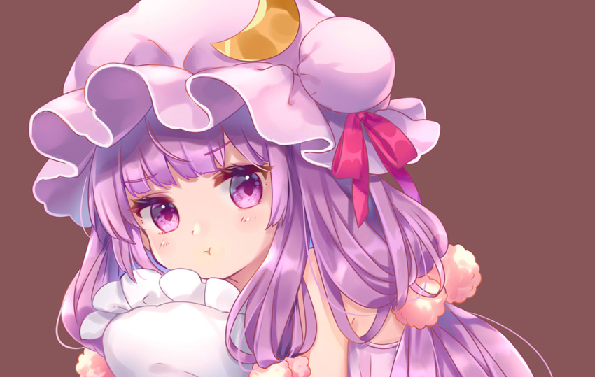 1girl :t bangs blunt_bangs blush brown_background closed_mouth crescent crescent_hat_ornament double_bun eyebrows_visible_through_hair eyelashes hair_ornament hat hat_ornament hat_ribbon holding holding_pillow lingerie long_hair looking_at_viewer mimi_(mimi_puru) mob_cap negligee object_hug patchouli_knowledge pillow pillow_hug pink_headwear pom_pom_(clothes) pom_pom_hair_ornament pout purple_hair red_ribbon ribbon shiny shiny_hair simple_background solo touhou underwear upper_body violet_eyes