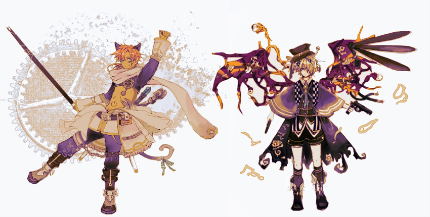 2boys animal_ears arm_up bangs belt black_belt black_capelet black_headwear black_shorts blonde_hair blue_eyes boots capelet cat_boy cat_ears cat_tail closed_mouth commentary_request demon_wings expressionless extra_eyes full_body hair_between_eyes hair_over_one_eye hat holding holding_staff jacket jumpsuit jumpsuit_around_waist limited_palette long_sleeves looking_at_viewer male_focus mechanic_(ragnarok_online) meko_bc multiple_boys navel orange_hair pants personification purple_jacket purple_pants ragnarok_online scarf short_hair shorts shrug_(clothing) smile staff tail thigh-highs top_hat vanilmirth_(ragnarok_online) white_background white_jumpsuit white_legwear white_scarf wings