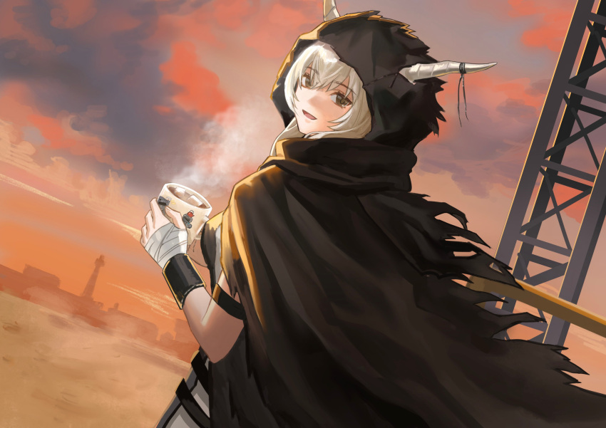 1girl :d absurdres arknights arm_strap bandaged_hand bandages bangs black_cape black_scarf breasts brown_eyes cape cityscape clouds commentary_request cup doctor_(arknights) evening eyebrows_visible_through_hair hasegawamorito highres holding holding_cup hood hooded_cape horn_ornament horns horns_through_hood long_hair looking_at_viewer looking_back medium_breasts open_mouth orange_sky outdoors scarf shining_(arknights) silver_hair sky smile solo steam sugar_cube sunset upper_body
