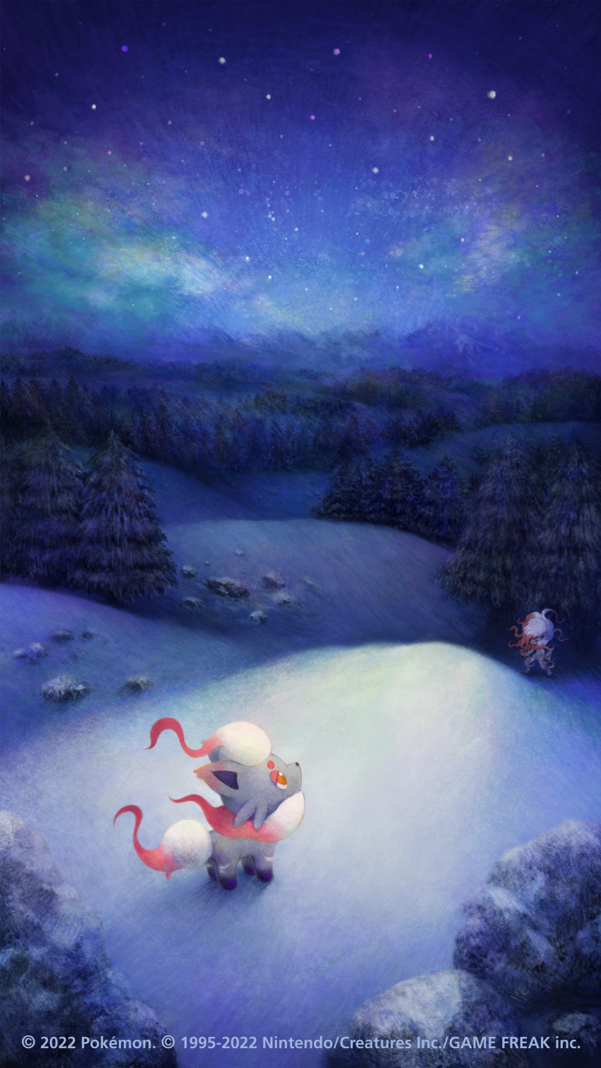 absurdres bright_pupils commentary_request creature evolutionary_line half-closed_eyes highres hisuian_zoroark hisuian_zorua looking_up night official_art orange_eyes outdoors pokemon scenery sky snow standing tree watermark white_pupils