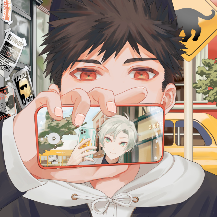 2boys blue_eyes brown_hair car cellphone closed_mouth commentary covered_mouth drawstring grey_hair ground_vehicle highres holding holding_phone hood hood_down hoodie jewelry long_sleeves looking_at_viewer male_focus megechan motor_vehicle multiple_boys original outdoors phone poster_(object) red_eyes ring road_sign short_hair sign smartphone smile taking_picture tree upper_body white_hoodie