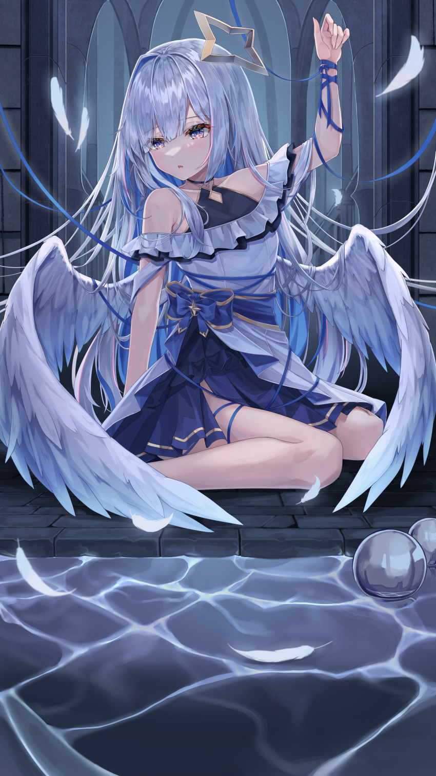 1girl absurdres amane_kanata angel_wings arm_up bangs bare_shoulders blue_bow blue_eyes blue_ribbon bow colored_inner_hair commentary_request dress eyebrows_visible_through_hair feathered_wings feathers full_body halo highres hololive indoors looking_away multicolored_hair off_shoulder parted_lips ribbon short_sleeves sitting solo star_halo virtual_youtuber white_dress wings yeosi
