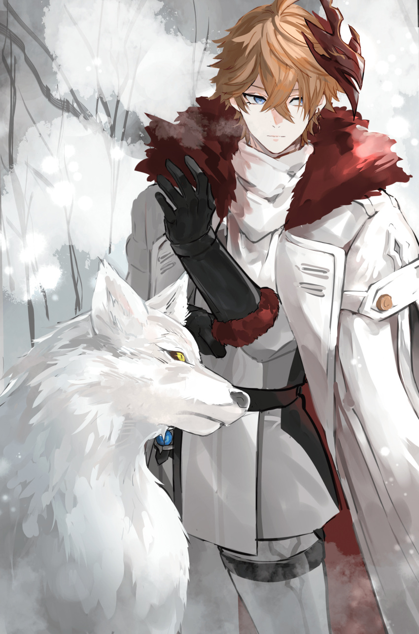 1boy absurdres adapted_costume alternate_costume animal animal_ear_fluff animal_ears bangs black_gloves blue_eyes buttons coat coat_on_shoulders colored_sclera crossed_bangs elbow_gloves expressionless fur fur-trimmed_coat fur-trimmed_gloves fur_trim genshin_impact gloves highres leg_belt long_sleeves looking_to_the_side mask mask_on_head orange_hair outdoors overcoat pants penyo1989 red_sclera scarf snow snowing solo tartaglia_(genshin_impact) tree tsurime unbuttoned vision_(genshin_impact) white_coat white_pants wolf wolf_ears yellow_eyes