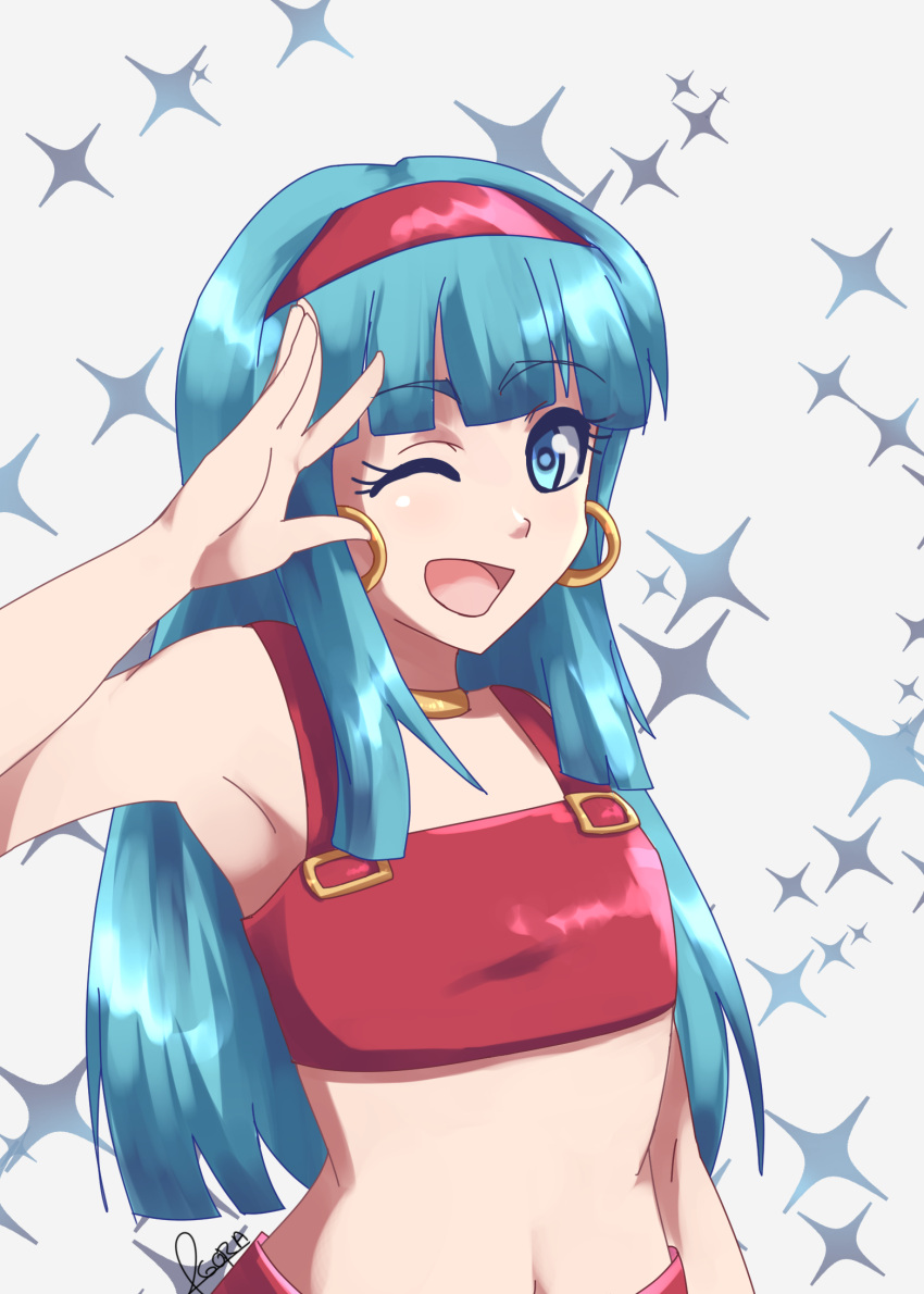 1girl armpits bangs blue_eyes blue_hair blunt_bangs bra_(dragon_ball) dragon_ball dragon_ball_gt earrings eyebrows_visible_through_hair eyelashes flat_chest gesture gold gora-tendo hairband happy highres hime_cut jewelry long_hair midriff navel neck_ring one_eye_closed open_mouth red_hairband red_skirt red_tank_top sidelocks skirt stomach tank_top upper_body very_long_hair