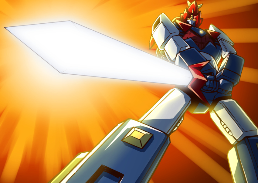 choudenji_machine_voltes_v commentary_request glowing glowing_sword glowing_weapon highres looking_at_viewer mecha no_humans robot science_fiction shouji_nigou solo standing sunrise_stance sword voltes_v_(mecha) weapon yellow_eyes