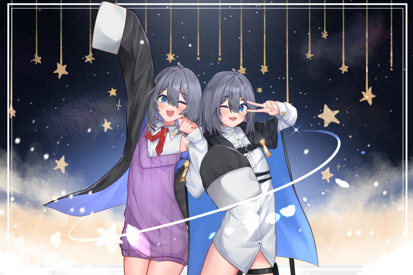 2girls :3 :d arm_up blue_eyes blush buttons eyebrows_visible_through_hair flat_chest hair_between_eyes highres long_sleeves machi_824 medium_hair multiple_girls one_eye_closed open_mouth original oversized_clothes sleeves_past_fingers sleeves_past_wrists smile star_(symbol) sweater v wing_collar