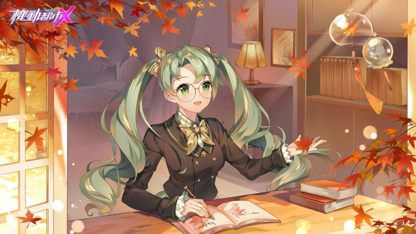1girl autumn_leaves bed black_jacket book bow breasts brown_bow collared_shirt glasses green_shirt hair_behind_ear highres holding holding_leaf holding_pen jacket lamp leaf medium_breasts ning_(smc) official_art open_hand open_mouth pen round_eyewear shirt smile solo super_mecha_champions twintails window