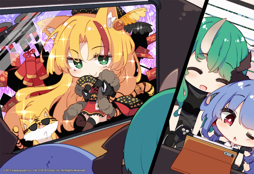 3girls :d ;&lt; ^_^ aerial_fireworks arknights bare_shoulders beni_shake black_gloves black_jacket black_shirt blonde_hair blue_hair brown_legwear ch'en_(arknights) chibi closed_eyes closed_mouth collared_shirt commentary_request dress fang fang_out fireworks folding_fan gloves green_hair hand_fan holding holding_fan hoshiguma_(arknights) jacket long_sleeves multicolored_hair multiple_girls official_art parted_lips red_dress red_eyes redhead shirt sleeveless sleeveless_shirt smile streaked_hair sunglasses swire_(arknights) swire_(honor_and_splendor)_(arknights) thigh-highs triangle_mouth watermark white_shirt