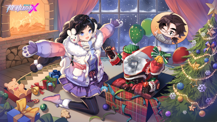 1boy 1girl balloon bell blue_eyes boots braid candle christmas_tree collared_shirt firefox_(smc) fireplace gift grey_jacket grey_sweater highres holding holding_candle jacket kneeling mecha multicolored_clothes multicolored_jacket night ning_(smc) official_art open_mouth pink_footwear riko_(smc) shirt smile super_mecha_champions sweater twin_braids white_shirt window