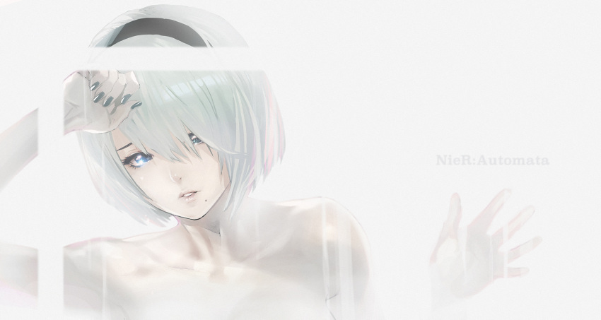 1girl against_glass black_hairband black_nails blue_eyes commentary_request copyright_name hair_over_one_eye hairband highres lips maeshima_shigeki mole mole_under_mouth nier_(series) nier_automata no_blindfold nude out-of-frame_censoring silver_hair solo yorha_no._2_type_b