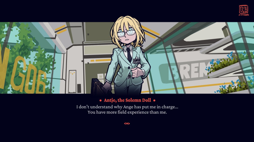 1girl an-94_(girls'_frontline) blonde_hair blue_eyes blue_suit breasts collared_shirt crossover english_text formal girls_frontline glasses helltaker holding holding_suitcase id_card long_hair looking_at_viewer necktie parody ponytail shirt signature sindraws style_parody suit suit_jacket suitcase