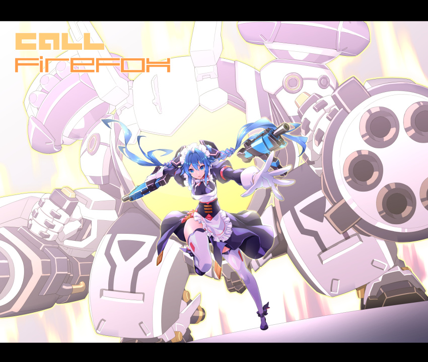 1girl black_dress black_footwear blue_eyes blue_hair bow breasts dress dual_wielding firefox_(smc) floating_hair gun highres holding holding_gun holding_weapon leaning_forward letterboxed long_hair maid maid_headdress mecha medium_breasts multicolored_hair ning_(smc) official_alternate_costume open_hand pink_hair running science_fiction shoulder_cannon sin6 standing streaked_hair submachine_gun super_mecha_champions thigh-highs twintails very_long_hair weapon white_bow white_legwear