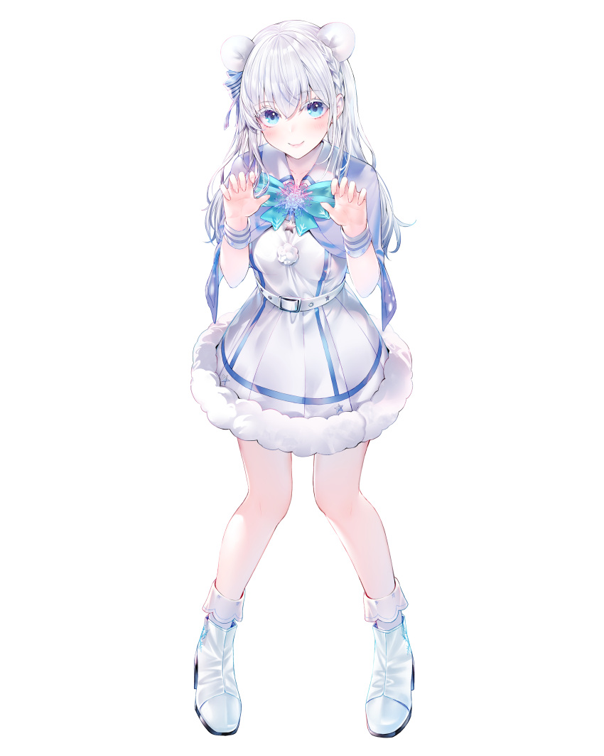 1girl absurdres ankle_boots bangs blue_eyes boots bow braid capelet closed_mouth double_bun dress eyebrows_visible_through_hair fur-trimmed_dress fur_trim hair_bun hair_ribbon hakuishi_aoi hands_up highres knees_together_feet_apart long_hair looking_at_viewer paw_pose propro_production ribbon shirose_aoi silver_hair smile socks solo standing