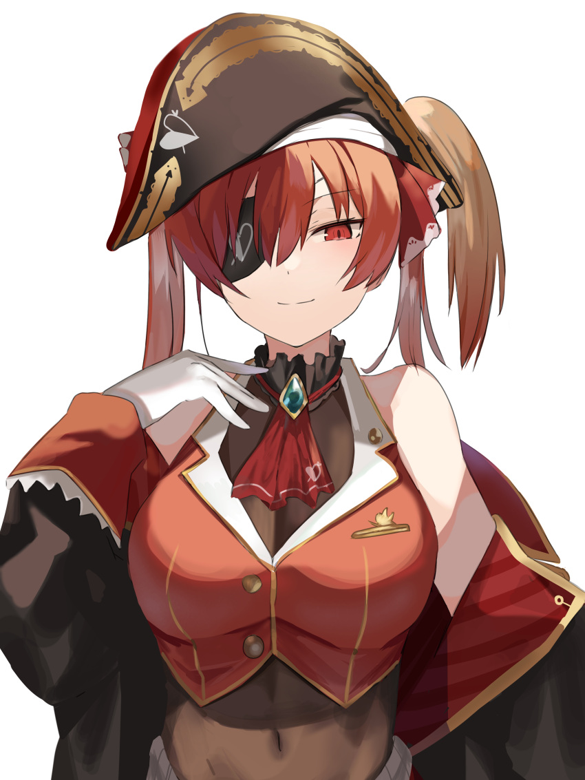 1girl absurdres bangs black_coat black_eyepatch bow breasts coat cropped_jacket eyebrows_visible_through_hair eyepatch gloves hair_bow hair_ribbon high_ponytail highres hololive houshou_marine jacket jewelry large_breasts long_hair looking_at_viewer pirate red_eyes red_jacket red_ribbon redhead ribbon simple_background smile solo tsukikaze_aki twintails virtual_youtuber white_background