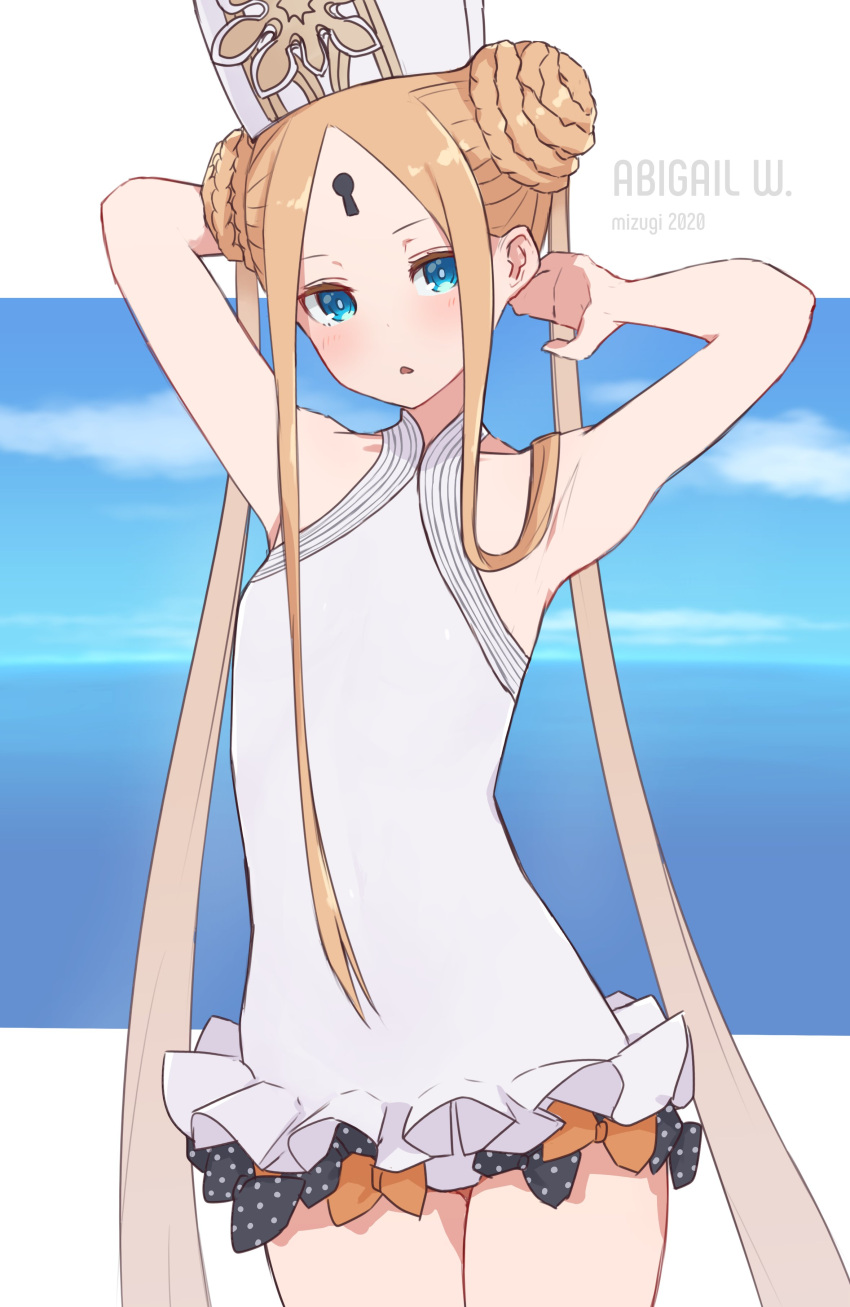 1girl abigail_williams_(fate) abigail_williams_(swimsuit_foreigner)_(fate) absurdres armpits arms_behind_head arms_up bangs bare_shoulders black_bow blonde_hair blue_eyes blue_sky blush bow braid braided_bun breasts double_bun dress_swimsuit fate/grand_order fate_(series) forehead hat highres keyhole kopaka_(karda_nui) long_hair looking_at_viewer mitre multiple_bows ocean open_mouth orange_bow parted_bangs polka_dot polka_dot_bow sidelocks sky small_breasts swimsuit twintails very_long_hair white_headwear white_swimsuit