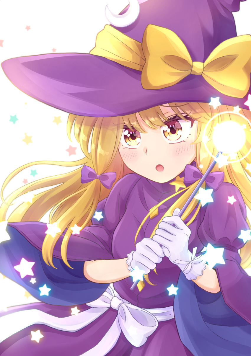 1girl absurdres blonde_hair blush bow cowboy_shot crescent crescent_pin dress eyebrows_visible_through_hair gloves haruki_reimari hat hat_bow highres holding holding_wand juliet_sleeves kirisame_marisa kirisame_marisa_(pc-98) long_hair long_sleeves moon open_mouth puffy_sleeves purple_bow purple_dress simple_background star_(symbol) touhou touhou_(pc-98) wand white_background white_bow witch_hat yellow_bow yellow_eyes