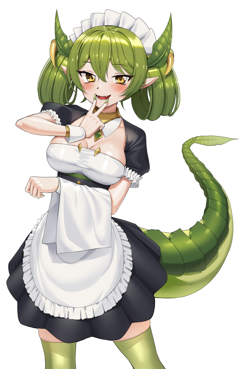 1girl absurdres animal_ears apron bangs blue_dress breasts brown_choker brown_eyes choker commentary_request cowboy_shot detached_collar dragon_ears dragon_girl dragon_horns dragon_tail dragon_wings dragonmaid_parla dress duel_monster eyebrows_visible_through_hair goback green_background green_hair green_legwear green_wings hair_ornament hair_rings hairclip highres horns large_breasts looking_at_viewer maid maid_apron maid_dress maid_headdress pantyhose puffy_short_sleeves puffy_sleeves sash short_sleeves sidelocks simple_background smile solo standing swept_bangs tail teapot towel tray twintails two-tone_background wrist_cuffs yu-gi-oh! yuu-gi-ou