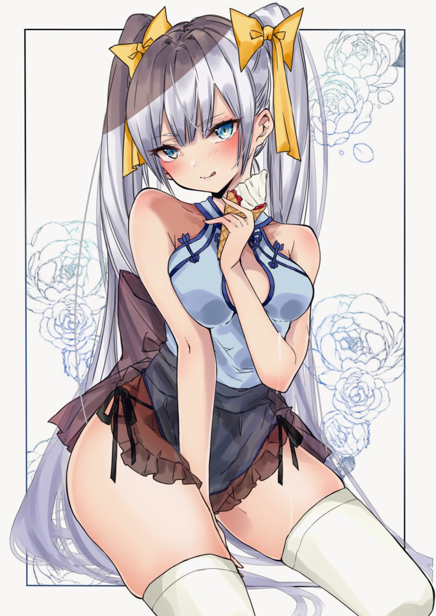 1girl :q apron bangs black_apron black_panties blue_eyes blush bow breasts chigasaki_yukari dripping flower food food_on_face grey_background grey_hair hair_bow highres ice_cream ice_cream_cone long_hair looking_at_viewer medium_breasts original panties rose see-through side-tie_panties simple_background sitting solo thigh-highs tongue tongue_out twintails underwear very_long_hair waist_apron white_legwear yellow_bow