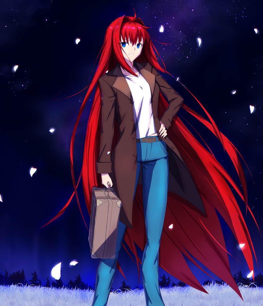 1girl absurdly_long_hair absurdres ahoge aozaki_aoko bangs belt belt_buckle blue_eyes blue_pants brown_belt brown_coat buckle coat collarbone eyebrows_visible_through_hair floating_hair grin hair_between_eyes hair_intakes hand_on_hip highres holding long_hair long_sleeves looking_at_viewer night open_clothes open_coat outdoors pants redhead shiny shiny_hair shirt sky smile solo standing star_(sky) starry_sky suitcase tsukihime tsukinaga very_long_hair white_shirt