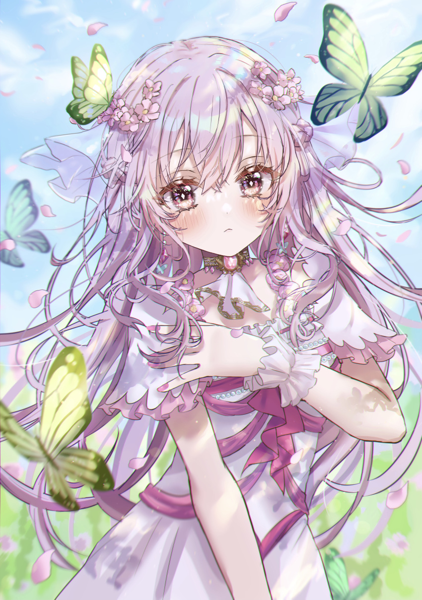 1girl absurdres closed_mouth dress flat_chest frills hair_ornament hand_on_own_chest highres long_hair original pink_dress pink_eyes pink_hair shiny shiny_hair shiny_skin shinzousan simple_background veil very_long_hair white_dress