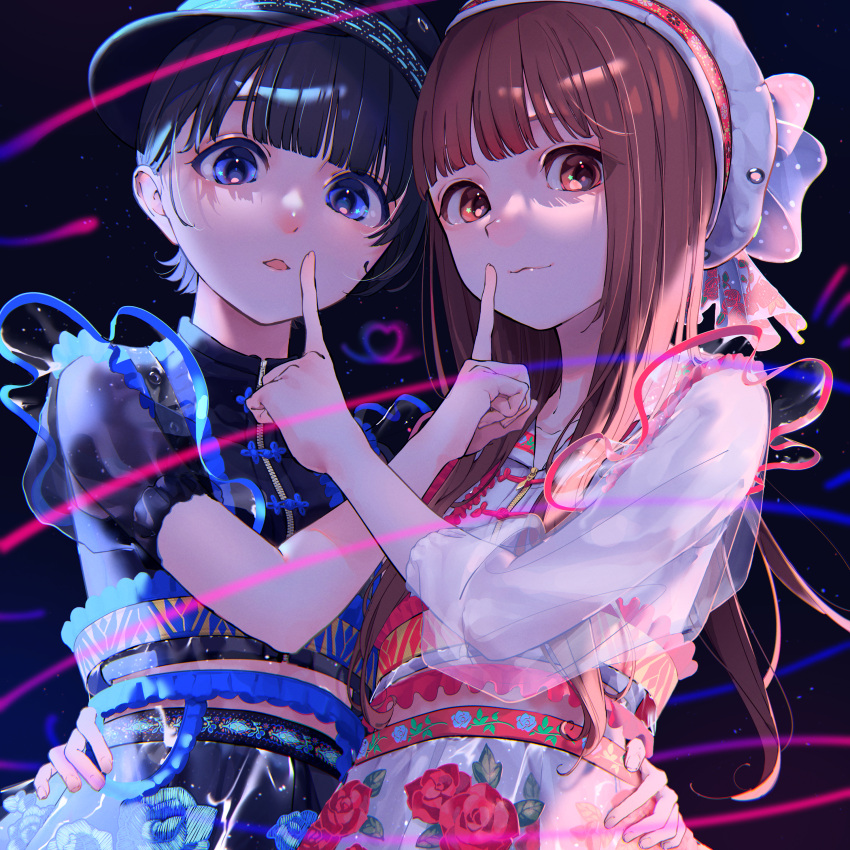 2girls absurdres bangs black_background black_headwear blue_eyes blunt_bangs copyright_request frills hand_on_another's_waist hat highres idol index_finger_raised long_sleeves looking_at_viewer multiple_girls official_art red_eyes ritao_kamo short_sleeves smile white_headwear