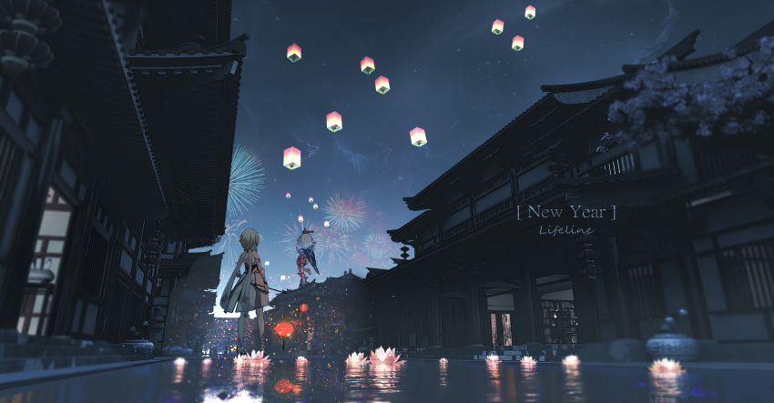 2girls absurdres architecture artist_name blonde_hair blue_scarf boots building commentary_request detached_sleeves dress east_asian_architecture english_text facing_away fireworks floating floating_object full_body genshin_impact halo highres holding holding_sword holding_weapon knee_boots lantern letterboxed lifeline_(a384079959) lotus_flower_crisp_(genshin_impact) lumine_(genshin_impact) multiple_girls night night_sky outdoors paimon_(genshin_impact) river scarf short_hair sky sword tree weapon white_dress white_footwear white_hair white_sleeves
