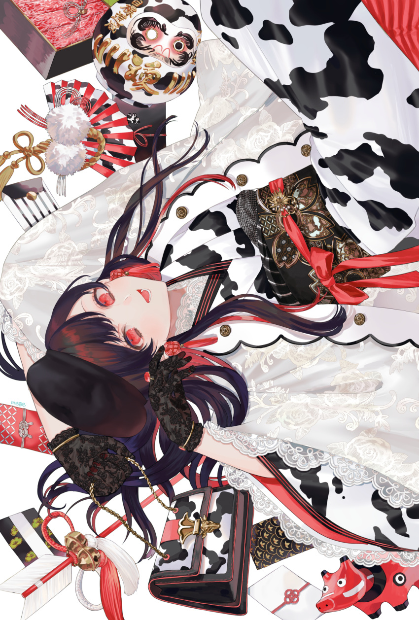 1girl animal_print arrow_(projectile) bag bell black_gloves brown_hair chinese_zodiac commentary_request cow_print earrings gloves hamaya handbag highres japanese_clothes jewelry kimono lace lace_gloves long_hair looking_at_viewer megechan obi open_mouth original print_kimono red_eyes red_ribbon ribbon sash simple_background smile solo tassel upside-down white_background white_kimono year_of_the_ox
