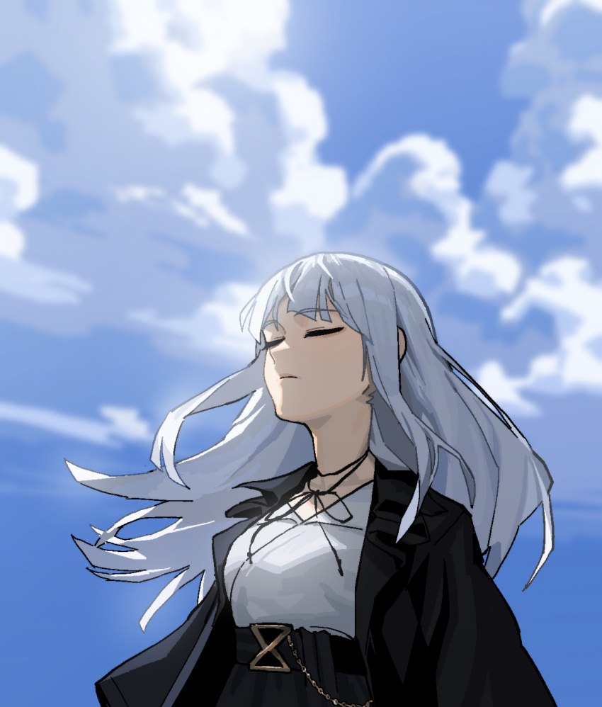 1girl bangs black_coat blue_sky character_request closed_eyes clouds cloudy_sky coat expressionless eyebrows_visible_through_hair gogalking highres long_hair original outdoors shirt sky solo upper_body white_hair white_shirt