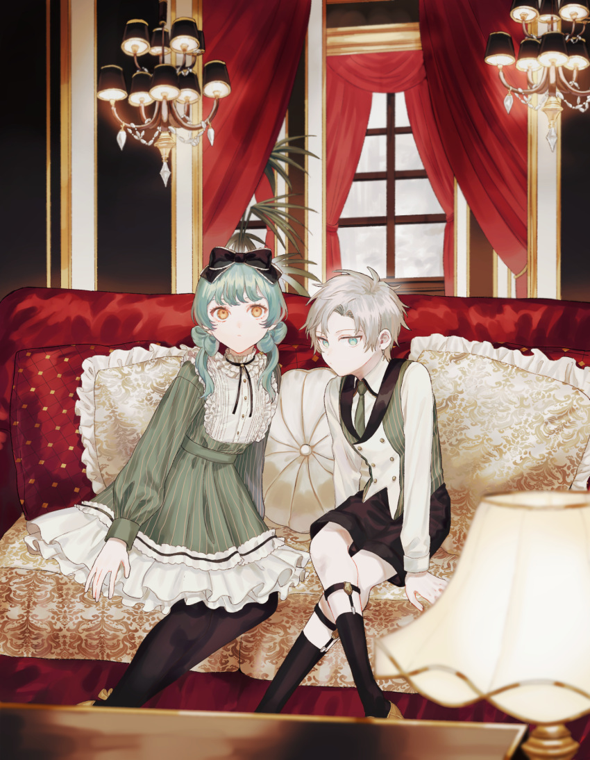 1boy 1girl black_bow black_legwear black_shorts blue_eyes blue_hair bow chandelier closed_mouth collared_shirt commentary couch curtains cushion dress green_dress green_necktie green_vest grey_hair hair_bow highres indoors lamp long_hair long_sleeves looking_at_viewer megechan necktie on_couch orange_eyes original pantyhose shirt short_hair shorts sitting socks vest waistcoat white_shirt window