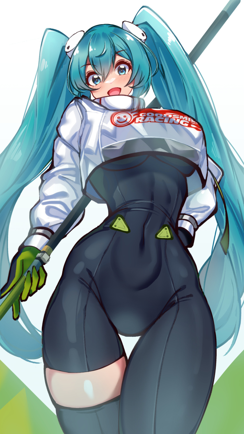 1girl aqua_eyes aqua_hair asymmetrical_clothes asymmetrical_legwear black_bodysuit black_legwear bodystocking bodysuit bodysuit_under_clothes breasts covered_navel crop_top crop_top_overhang cropped_jacket eyebrows_visible_through_hair gloves goodsmile_company goodsmile_racing hair_between_eyes hand_on_hip hatsune_miku highres holding holding_pole jacket linea_alba long_hair long_sleeves looking_at_viewer medium_breasts open_mouth pole puffy_sleeves racing_miku racing_miku_(2022) shiny shiny_skin shirt single_thighhigh skindentation solo thigh-highs thigh_gap twintails under_boob very_long_hair vocaloid volyz white_background white_jacket