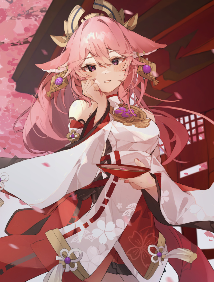 1girl absurdres alcohol animal_ears bare_shoulders blush cherry_blossoms choko_(cup) cup fox_ears fox_girl genshin_impact gominami hair_between_eyes hair_ornament hand_on_own_face highres japanese_clothes long_sleeves looking_at_viewer miko pink_hair sake smile solo violet_eyes wide_sleeves yae_miko