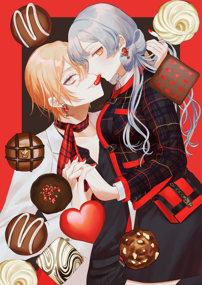 2girls absurdres bag black_jacket black_skirt blonde_hair blue_bow blue_eyes blue_hair bow brown_background candy chocolate collarbone commentary earrings english_commentary food hair_bow hand_in_another's_hair handbag heart heart-shaped_chocolate highres holding_hands jacket jewelry long_hair long_sleeves looking_at_viewer megechan multiple_girls orange_eyes orange_hair original parted_lips plaid plaid_jacket red_bow red_nails red_scarf scarf sharing_food skirt smile upper_body valentine white_jacket yuri