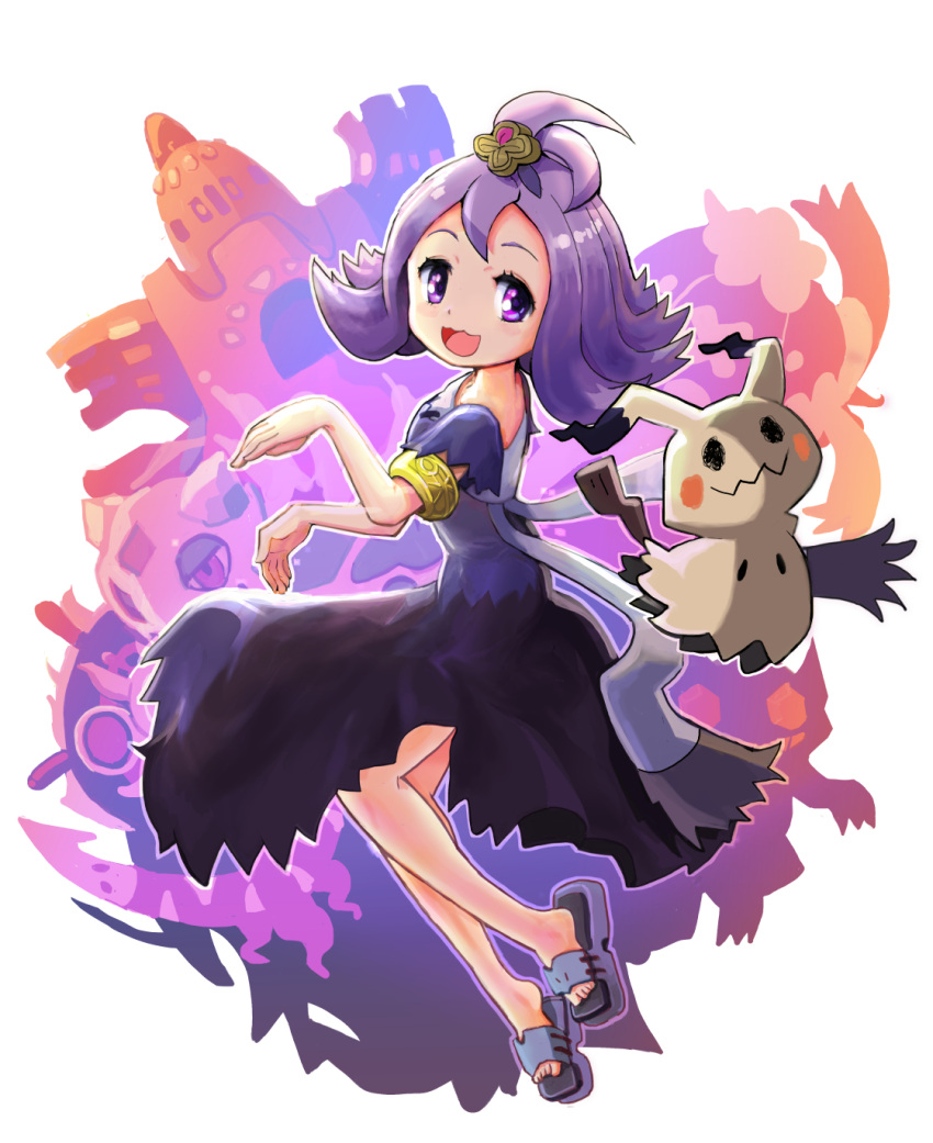 1girl :3 acerola_(pokemon) antenna_hair armlet backlighting bangs blue_footwear blush blush_stickers commentary dhelmise dress drifblim flat_chest froslass full_body hair_ornament hands_up happy highres light_blush looking_back looking_to_the_side menome mimikyu open_mouth outline palossand pokemon pokemon_(creature) pokemon_(game) pokemon_sm purple_dress purple_hair sableye sandals shiny shiny_hair short_hair short_sleeves smile solo_focus violet_eyes white_background white_outline